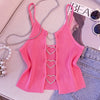 Women's Sexy Sleeveless Ribbed Knit Crop Top with Heart Cutouts & Rhinestone Accents - Vibrant Pink 100% Polyester Summer Casual Top for Spring/Summer Outfits, Ladies Tops And Blouses for Summer