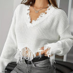 Asymmetrical Tassel Hem V Neck Sweater - Elegant Long Sleeve Sweater For Fall & Winter - Women's Clothing - Soft & Cozy Fabric - Perfect Gift for Fashionable Women