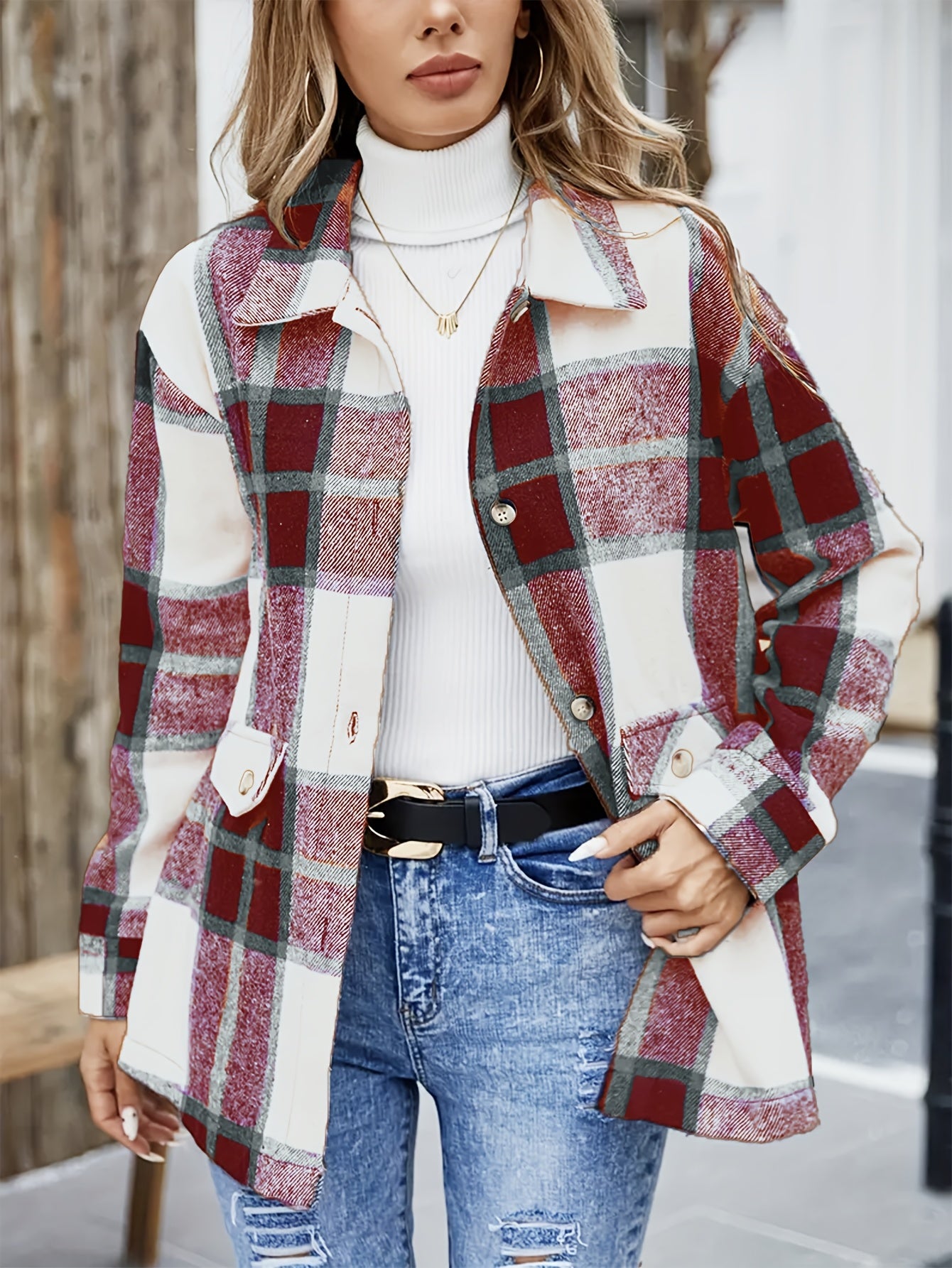 Elegant Plaid Long Sleeve Shirt, Women'S Blue, Polyester, Lapel Collar, Woven, 120gsm, for Spring/Summer