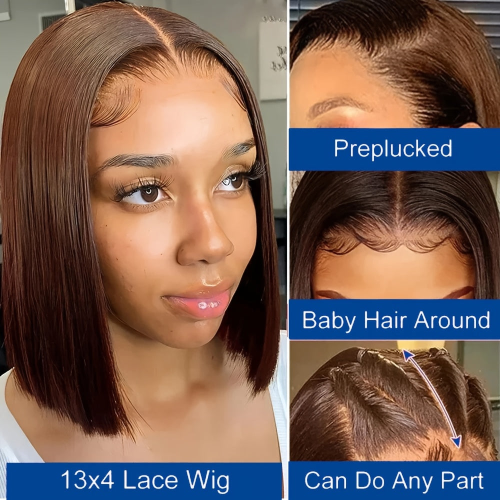Silky Straight 13x5 Brown Bob Wigs Lace Front Human Hair Short Bob Pre Plucked Bleached Knots Lace Frontal Bob #4 Colored Wig