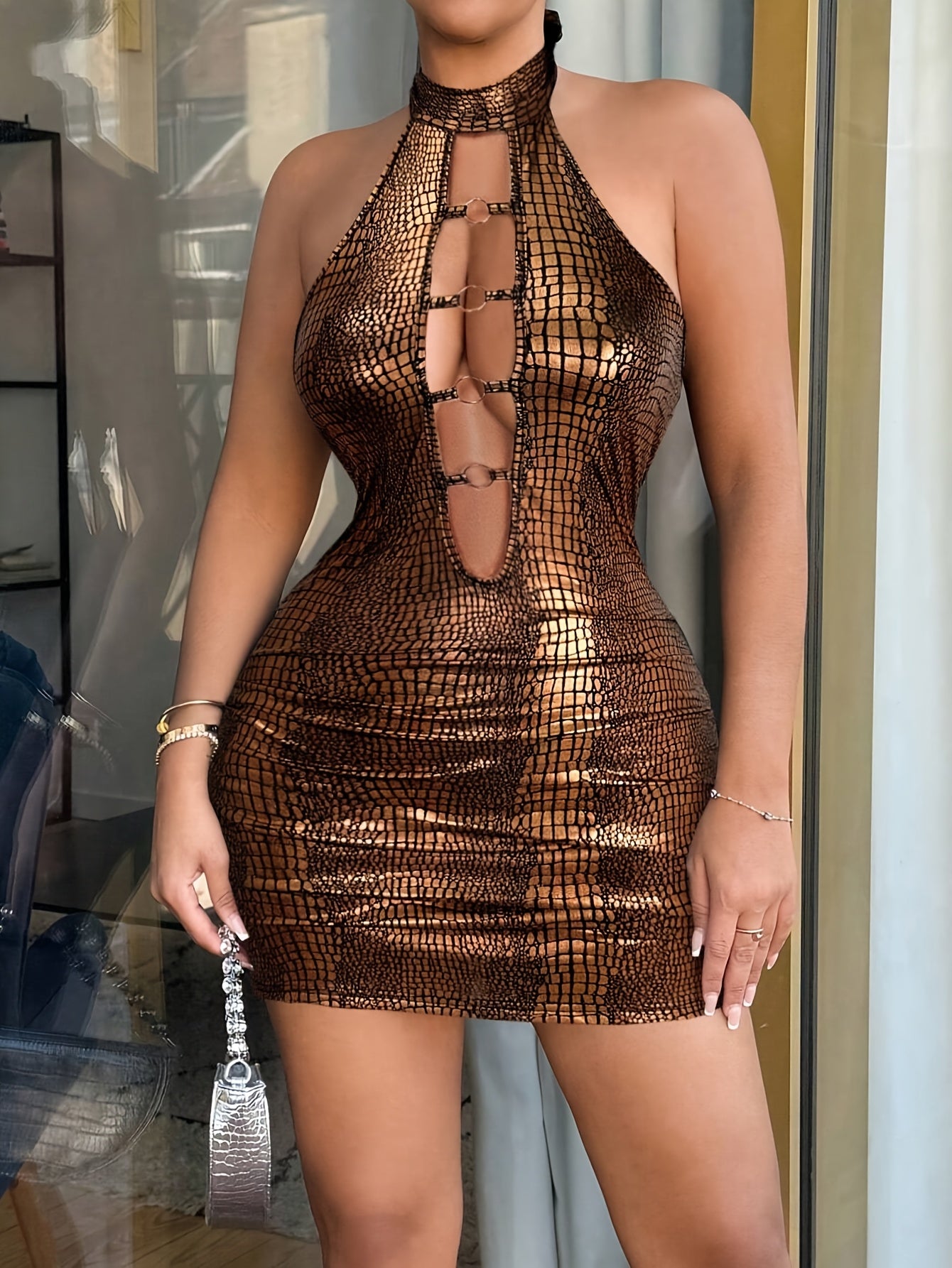 Sexy Bodycon Mini Dress - Hollow-Out, Halter Neck, Ideal for Night Out or Party Wear