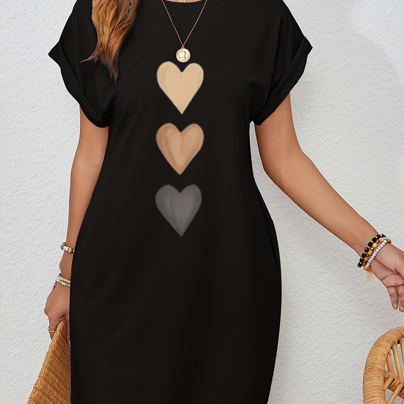 Everyday Women's Casual Heart Print Batwing Sleeve Dress with Hidden Pockets - Beige Color, Polyester Fabric, Round Neck, Machine Washable, Spring/Summer/Fall Style, Cozy Long Sleeve Knitted Dress