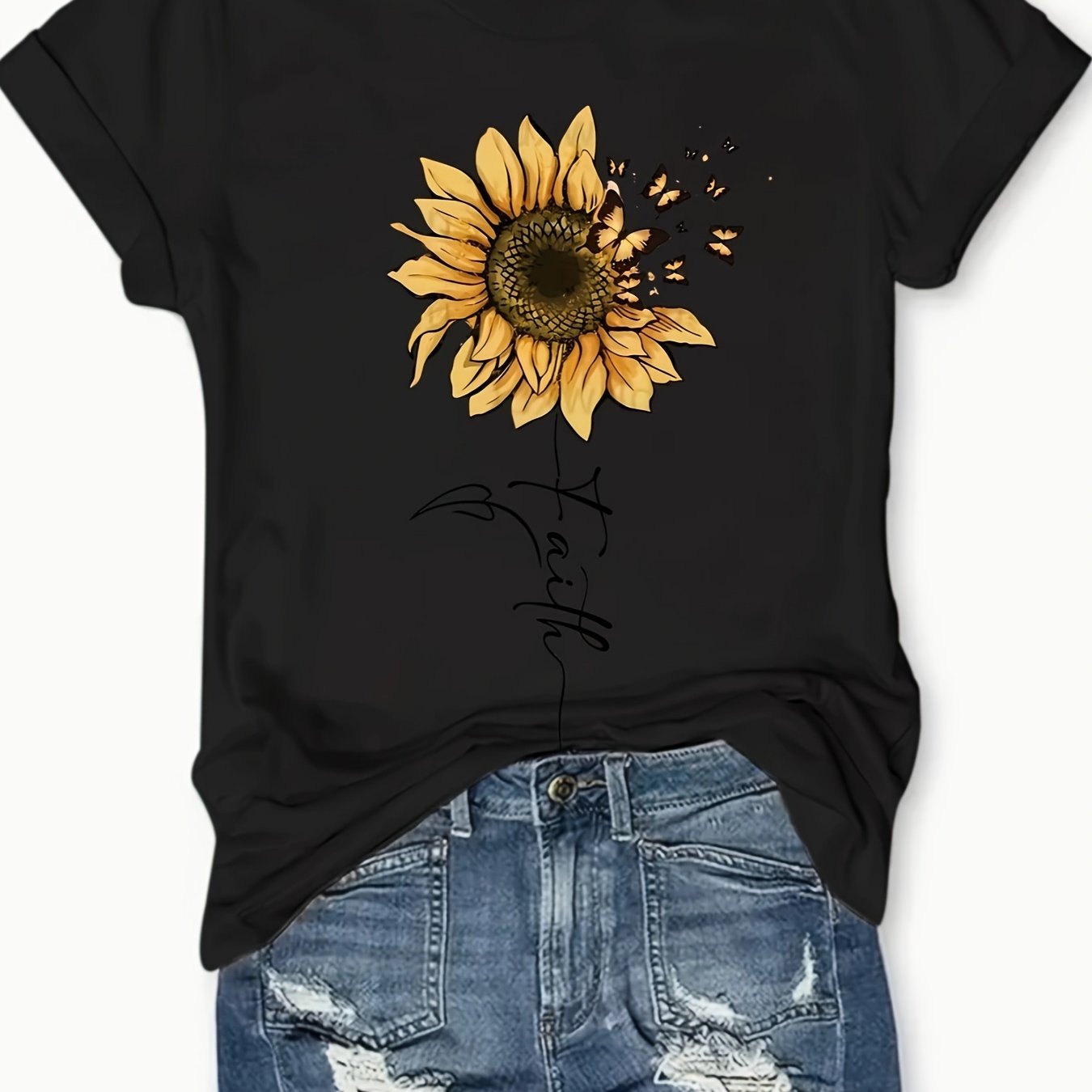 [Cheerful Touch] Women's Sunflower and Butterfly Graphic T-Shirt - Casual Gray Short Sleeve Top, Lightweight & Breathable Polyester Blend, Perfect for Spring & Summer Fashion, Sunflower Shirt