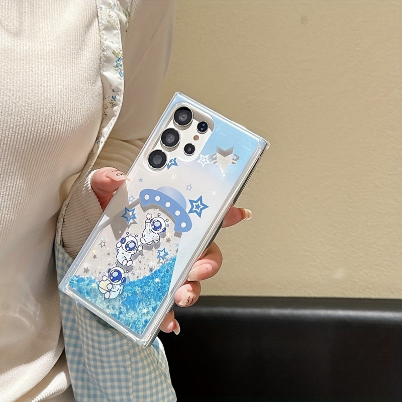 A Glow-In-The-Dark Liquid Glitter Phone Case for Samsung Galaxy S22/S23/S24/S25/Plus Ultra, Featuring a Fun Spaceship Astronaut Design, Making It a Creative Christmas And New Year Gift Phone Protector.