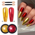 Magic Mirror Two-color Powder Dipping Set! Golden and red glitter + mirror super bright, with sponge brush, create noble high-end nail special effects, long-lasting without peeling off! One box can achieve advanced makeup eff