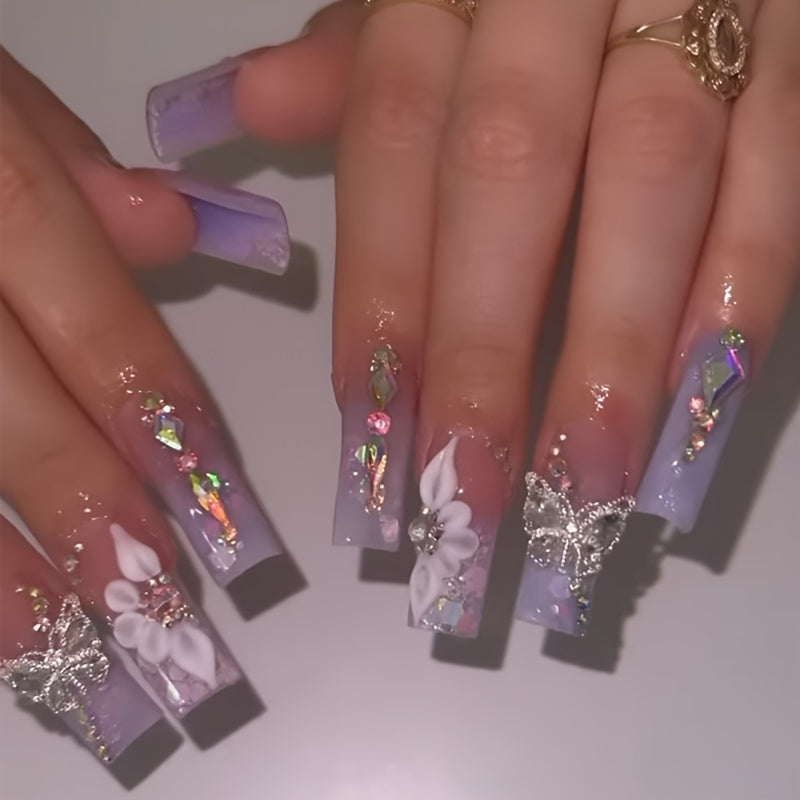 (100pcs) 4pack Glossy Long Ballerina Fake Nails + 4pcs Bracelet Blue Gradient Press On Nails With 3D Flower Butterfly Rhinestone Design Beads Bangle Sparkling Full Cover FalseNails For Women Girls