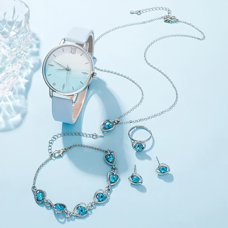 6pcs Set Fashion Women Simple Wrist Watches Blue Rhinestone Quartz Watch PU Leather Strap Ladies Dress Bracelet Watch Set Gifts