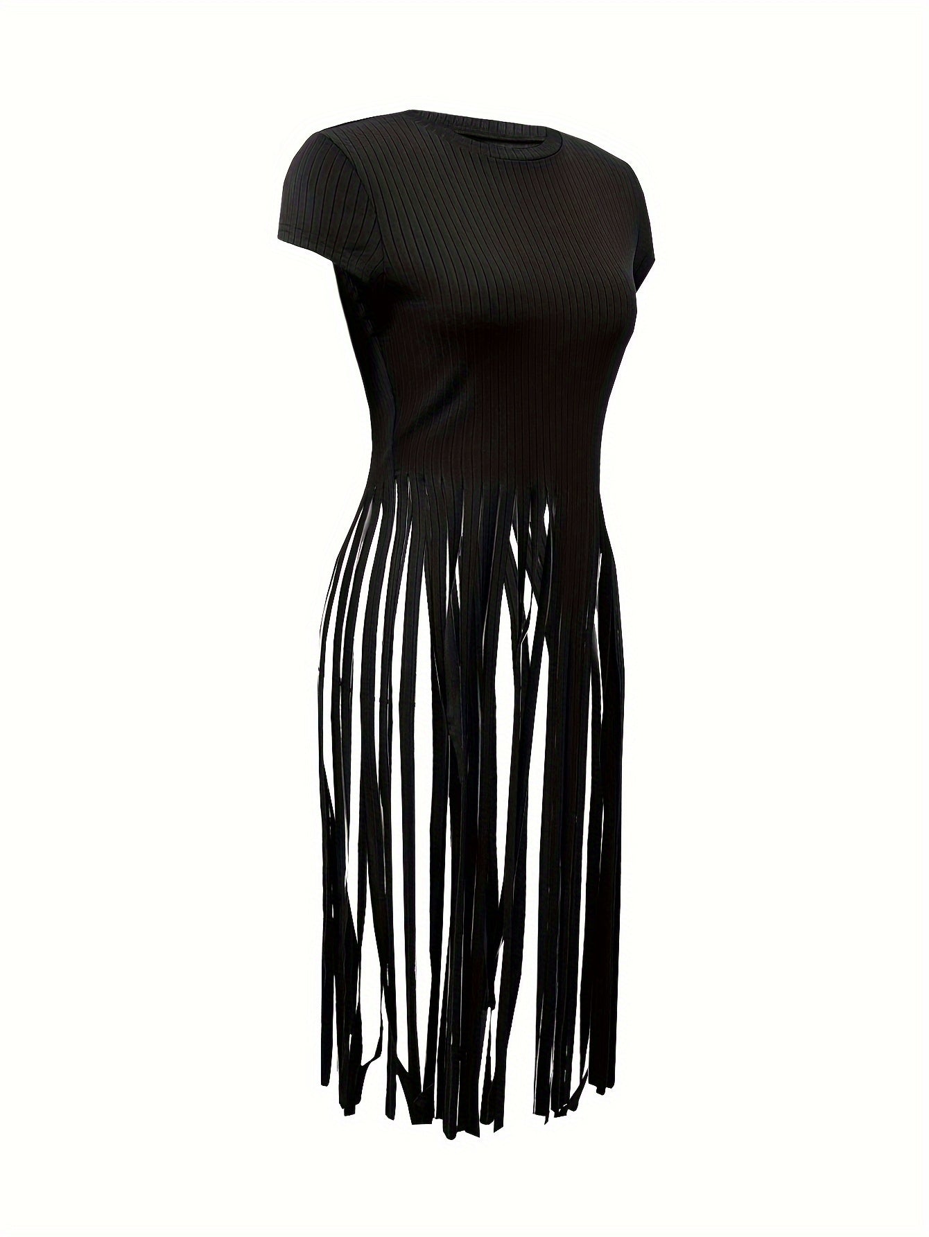 Solid Color Crew Neck T-shirt, Casual Short Sleeve Tassel Hem T-Shirt For Spring & Summer, Women's Clothing