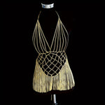 Elegant Golden-Tone Fringe Body Chain with Sparkling Bra Detail - Sexy Aluminum Alloy Party & Festival Accessory, Perfect for Nightclubs and Streetwear Fashion