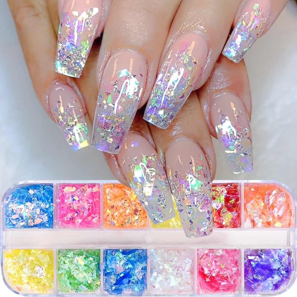 12Grid Nail Art Sequins - Ultra-Thin Large Sequins, Luminous Irregular Cut Glitter Pieces Holographic Rainbow Colors for Sparkly Manicures