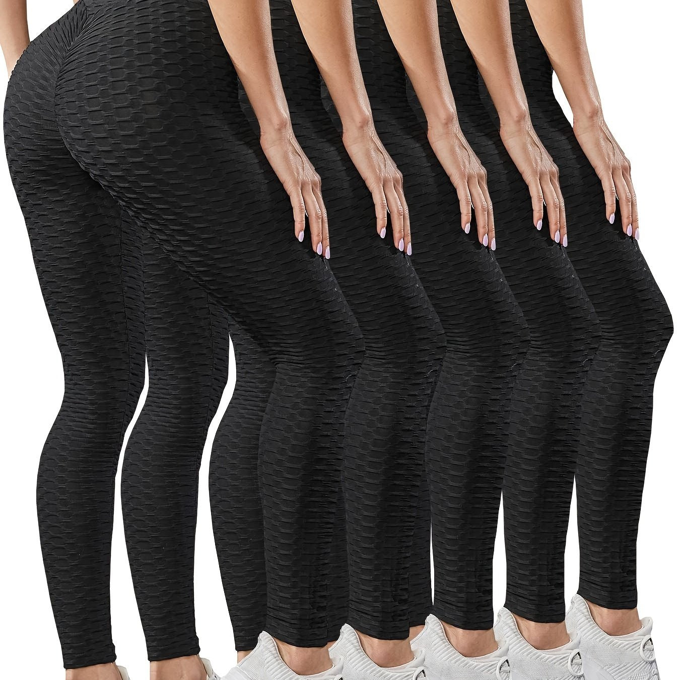 5pcs Honeycomb Sports Running Leggings, High Waist Fitness Yoga Tight Pants, Women's Activewear