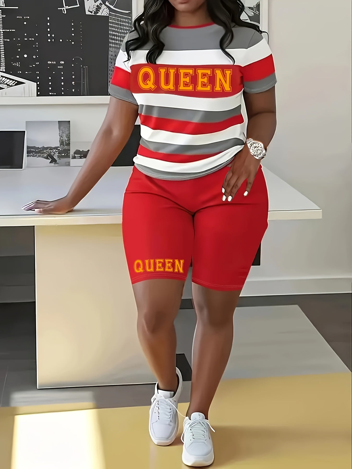 Two-Piece Queen Print Color Block Crew Neck T-Shirt & Biker Shorts Outfit - Soft Mid-Elasticity Polyester Fabric, Random Striped Pattern, Machine Washable, Spring/Summer Casual Wear - Vibrant Colors, Comfortable Fit
