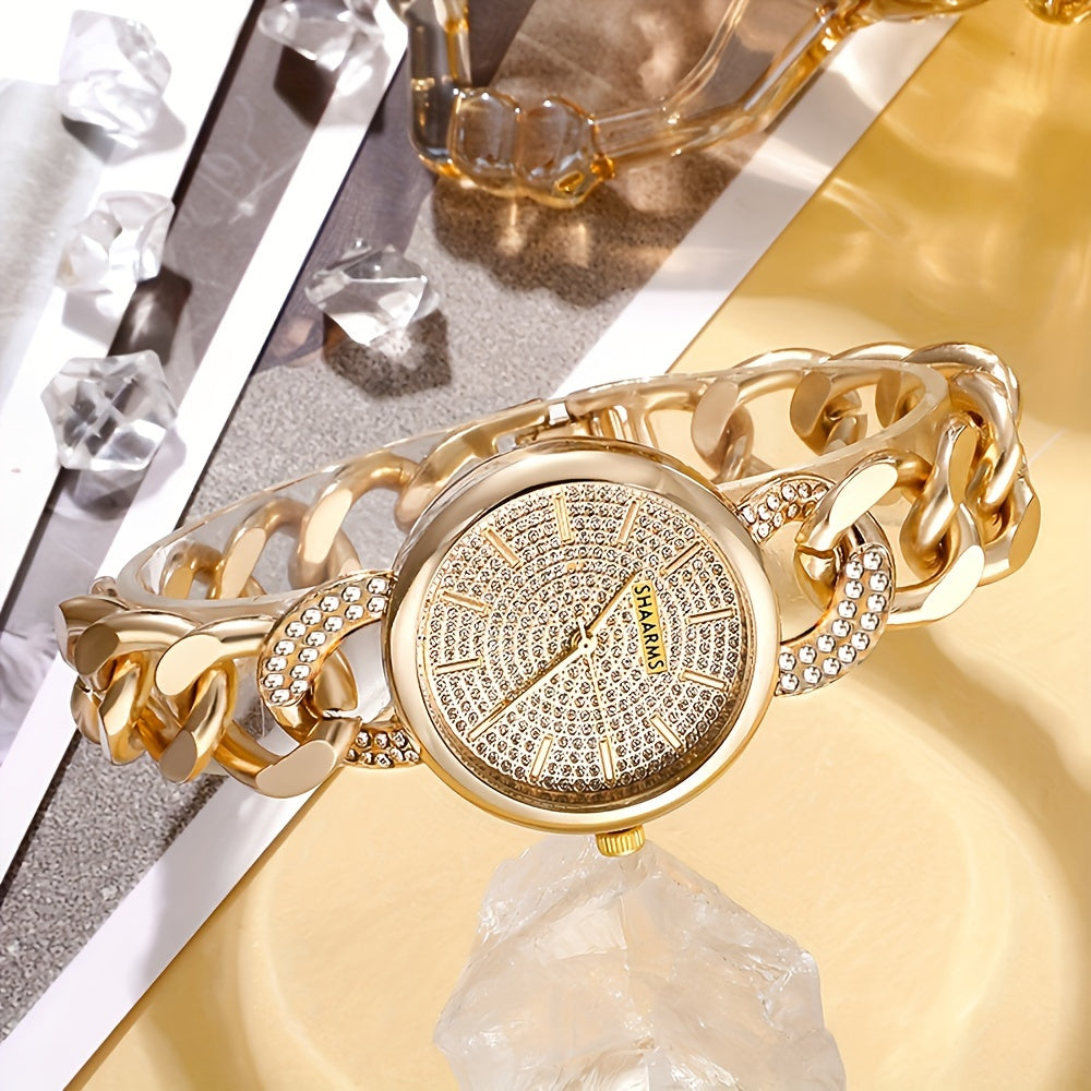 2pcs Elegant Women's Golden-Toned Quartz Watch with Sparkling Rhinestone Dial & Chunky Chain Bracelet Set - Perfect Fashion Gift for Her, Women's Fashion Accessory|Coordinated Outfit|Alloy Construction