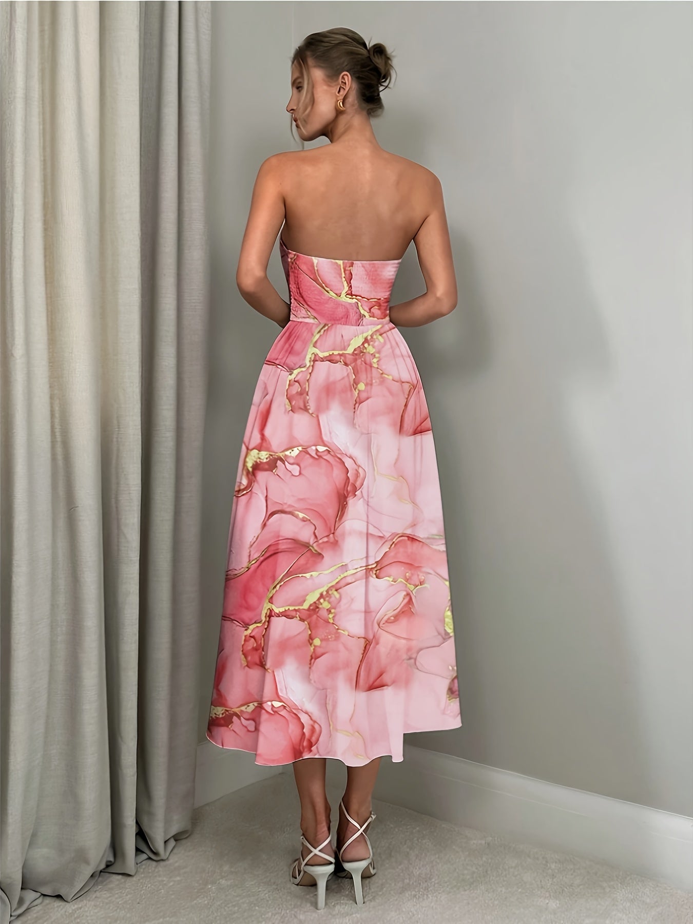 Women's Elegant Off-Shoulder A-Line Floral Print Rose Print Dress - Knee-Length with Ruffled Hem & Waist Tie, Machine Washable for Weddings, Parties, Graduations, Prom - Pink Floral Print Formal Evening Dress, Event Attire |