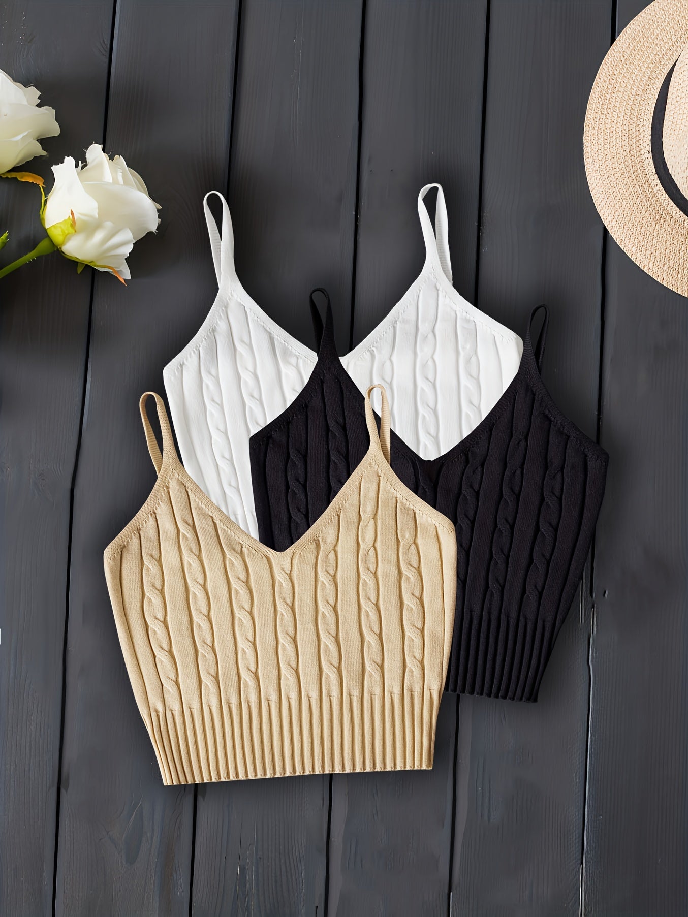 3-Pack Valentines Day Cable Knit Cami Tops - Soft V-Neck, Sleeveless Slim Crop, Adjustable Straps, Versatile Layering Essential - Womens Clothing, Celebrate Love in Style