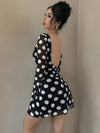 Elegant Women's Polka Dot Backless Mesh Mini Dress with Flare Sleeves - Black & White, Form-Fitting, Polyester & Elastane, Perfect for Spring & Autumn, Casual Elegance | Flare Sleeve Dress | Knit Construction, Cute Dresses