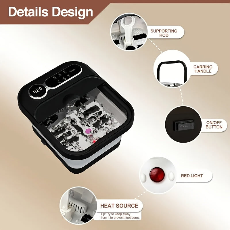 Foldable Foot Massager With Heat, Temperature Control And Bubbles, Foot Spa With Touch Screen, 6 Rollers And Pumice Stones, Foot Soak