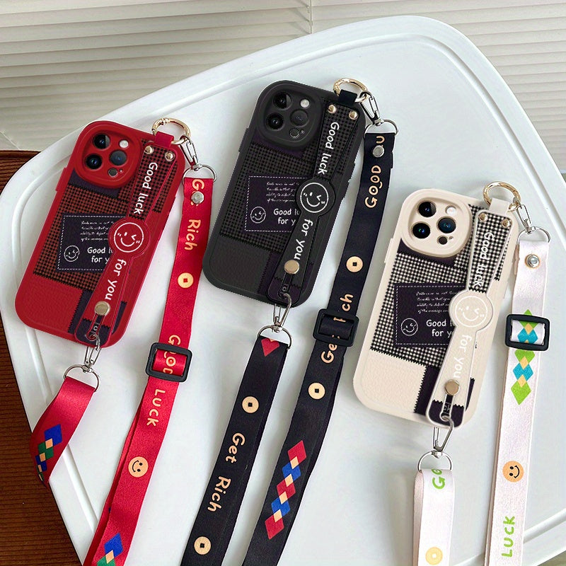 Interesting Stripe Pattern for Iphone 16/15/14/13/12/11 Pro/Plus/Max/Mini Mobile Phone Case Trendy And Fashionable Creative Wristband Can Be Used As a Bracket, Cross-Body, Back-Hanging Chain Rope, Full-Cover Silicone Anti-Fal