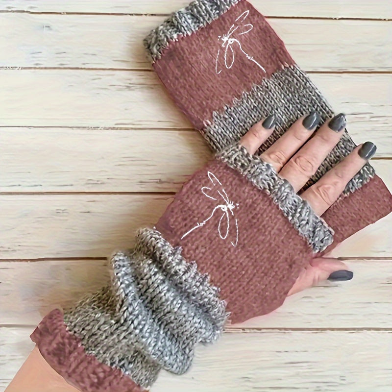Dragonfly Embroidered Color-Block Mohair Mittens, Elastic, Warm Knitted Gloves for Going Out - Embroidery Craftsmanship