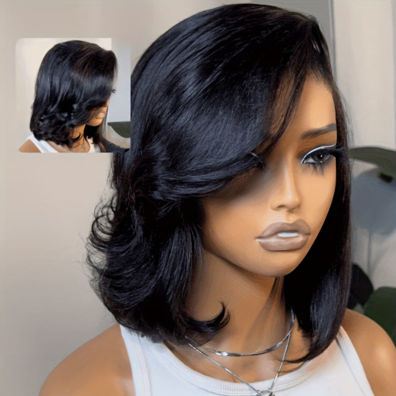UNice 4x4 Lace Closure Bob Human Hair Wig with Side-Swept Bangs - 150% Density, Pre-Plucked Natural Hairline, Adjustable Fit, Curly/Styleable, Soft & Comfortable for Men & Women, Special Occasion Wig | Sleek Black Wig | Durab