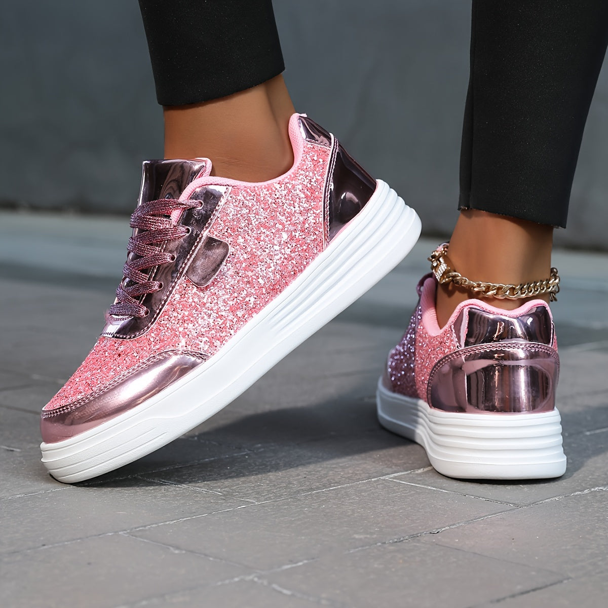 Women'S Glittery Sequin Sneakers - Golden & White Low-Top Lace-Up Casual Skate Shoes with MD Sole, Fabric Insole, and Synthetic Upper for All Season