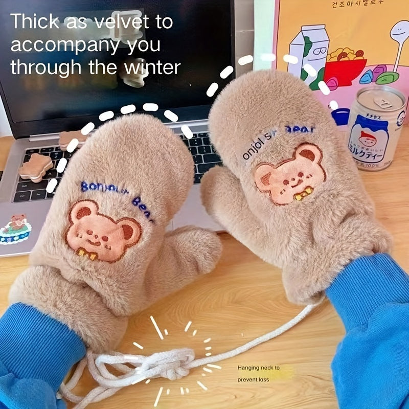 Cozycraft, Cozy Fleece-Lined Winter Gloves with Cute Bear Design - Windproof, Warm Mittens for Outdoor Activities, Non-Slip Touchscreen Compatible, Winter Accessories