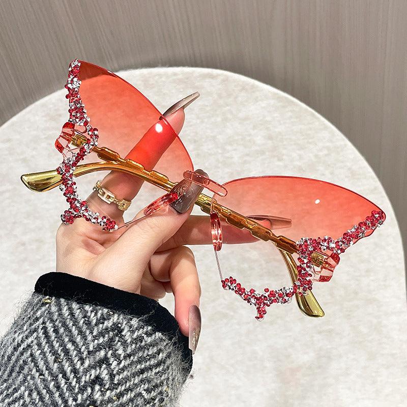 Chic Butterfly-Shaped Rimless Fashion Glasses with Sparkling Rhinestone Accents - Large Frame, Anti-Reflective Polycarbonate Lenses for Women - Ideal for Parties, Fashion Shows & daily events