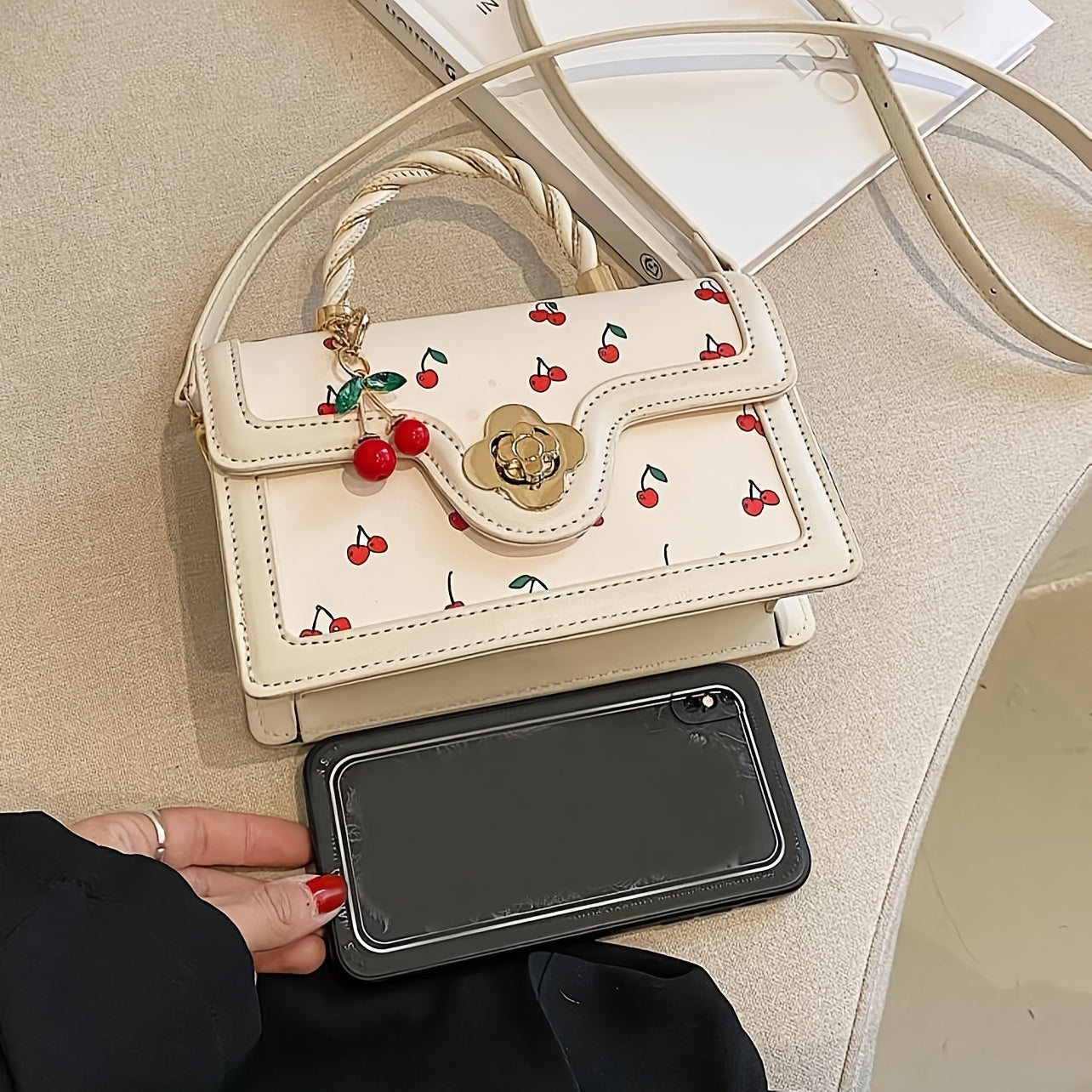 Fashionable High-End PU Tote Bag with Versatile Square Shape and Cute Cherry Print, Perfect for Shopping, Dating Or Cross-Body for Girls., Kawaii Cherry Elements