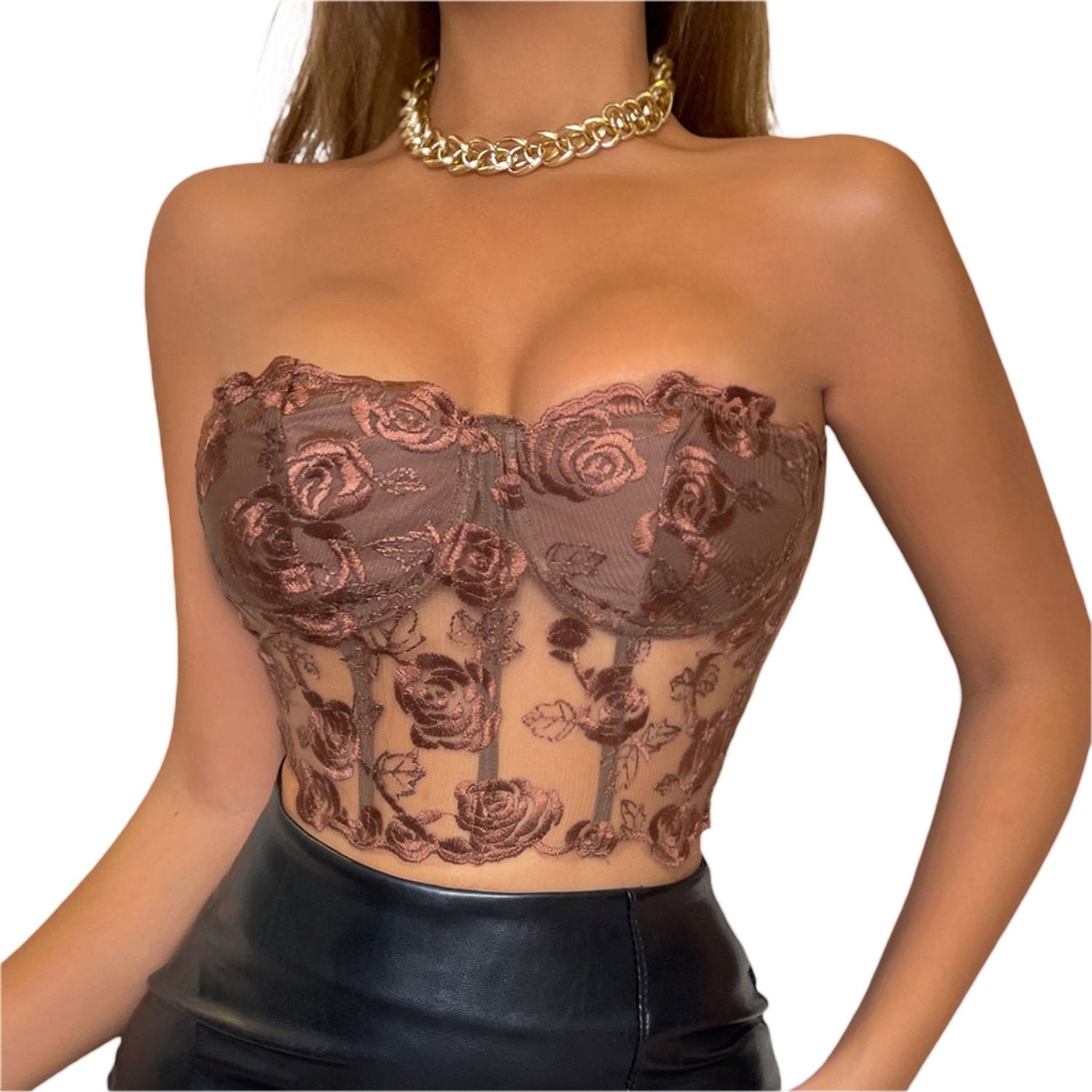 Women'S Bust Tube Tops, Embroidered Flowers Seen Through The Shoulders And Hearts of Everyday Club Parties.