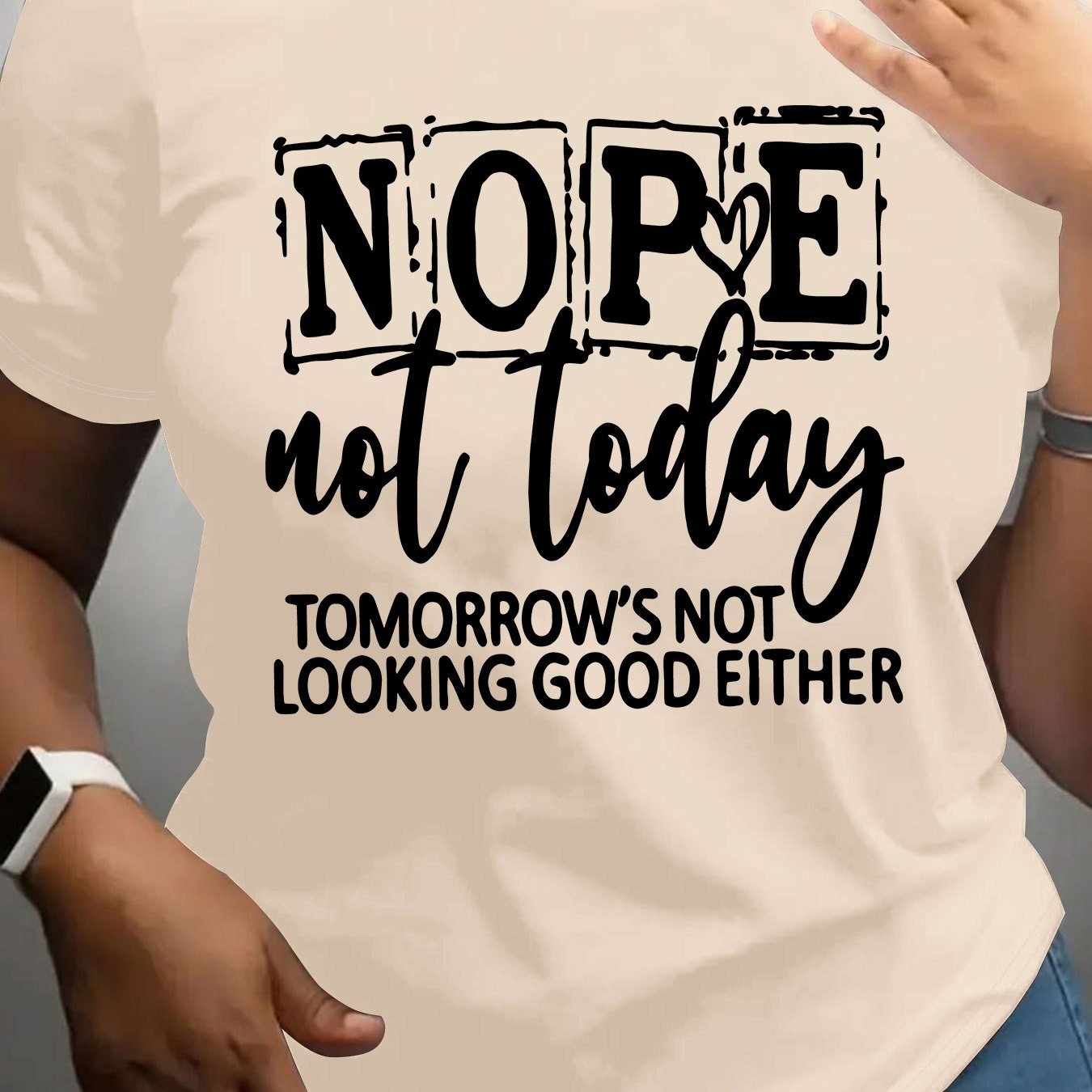 Women'S Casual NOPE Letter Print T-Shirt, 100% Polyester Knit Fabric, Crew Neck, Short Sleeve, Regular Length, Alphabet Pattern, All-Season Top