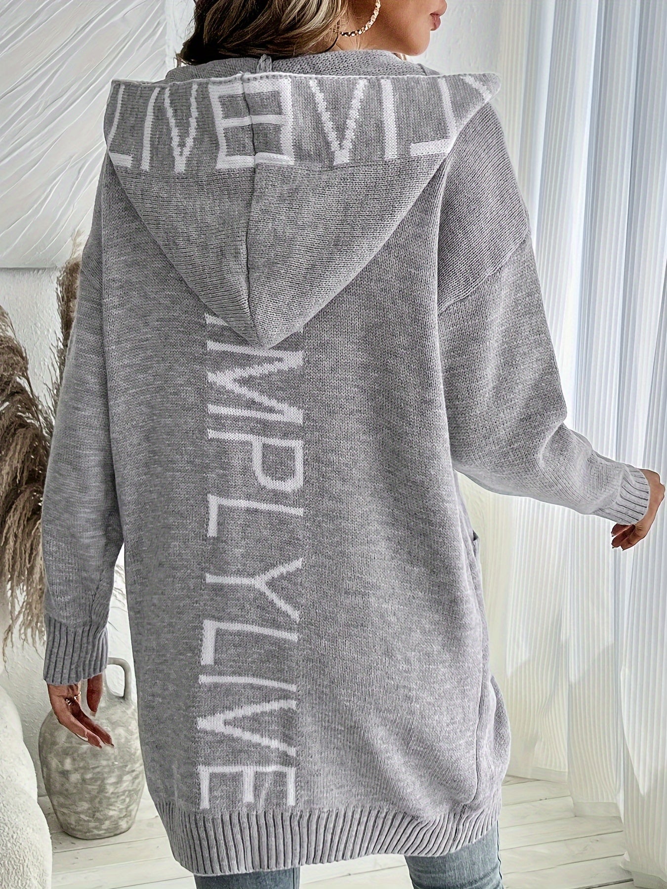 Women's Letter Print Open Front Knit Cardigan - Casual Hoodie Long Sleeve - Cozy Fleece Material - For Fall & Winter - Perfect for Casual Wear & Layering - Ideal Gift for Women