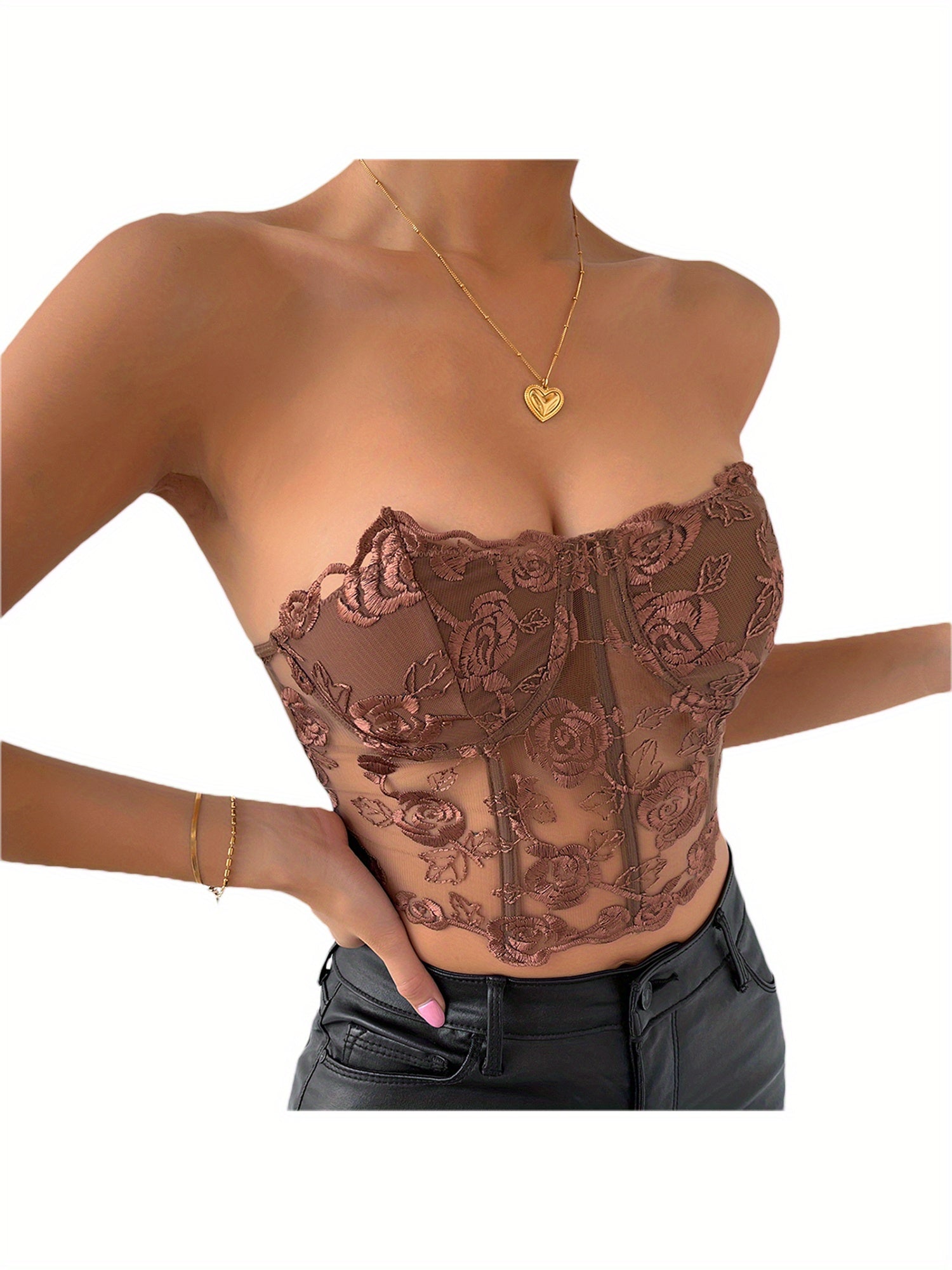 Women'S Bust Tube Tops, Embroidered Flowers Seen Through The Shoulders And Hearts of Everyday Club Parties.