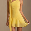 Elegant Mustard Yellow Halter Neck Dress with Asymmetrical Hem - Sleeveless, Retro Style, Perfect for Vacation or Casual Outings, Polyester Fabric, All-Season Wea