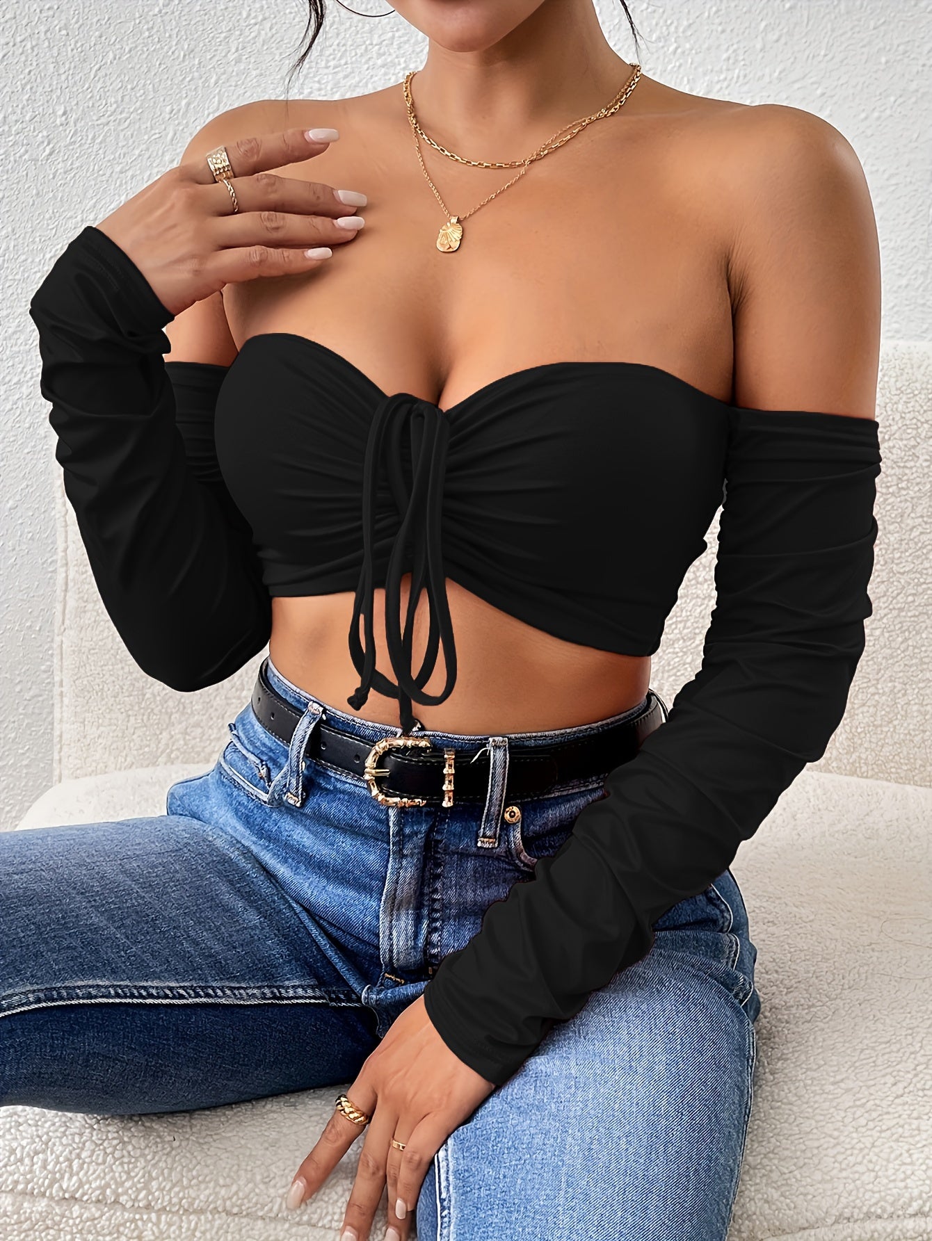 Women's Drawstring Front Off Shoulder Ruched Long Sleeve Crop Top - Sexy & Stylish - For Nightclub & Parties - Perfect Gift for Women