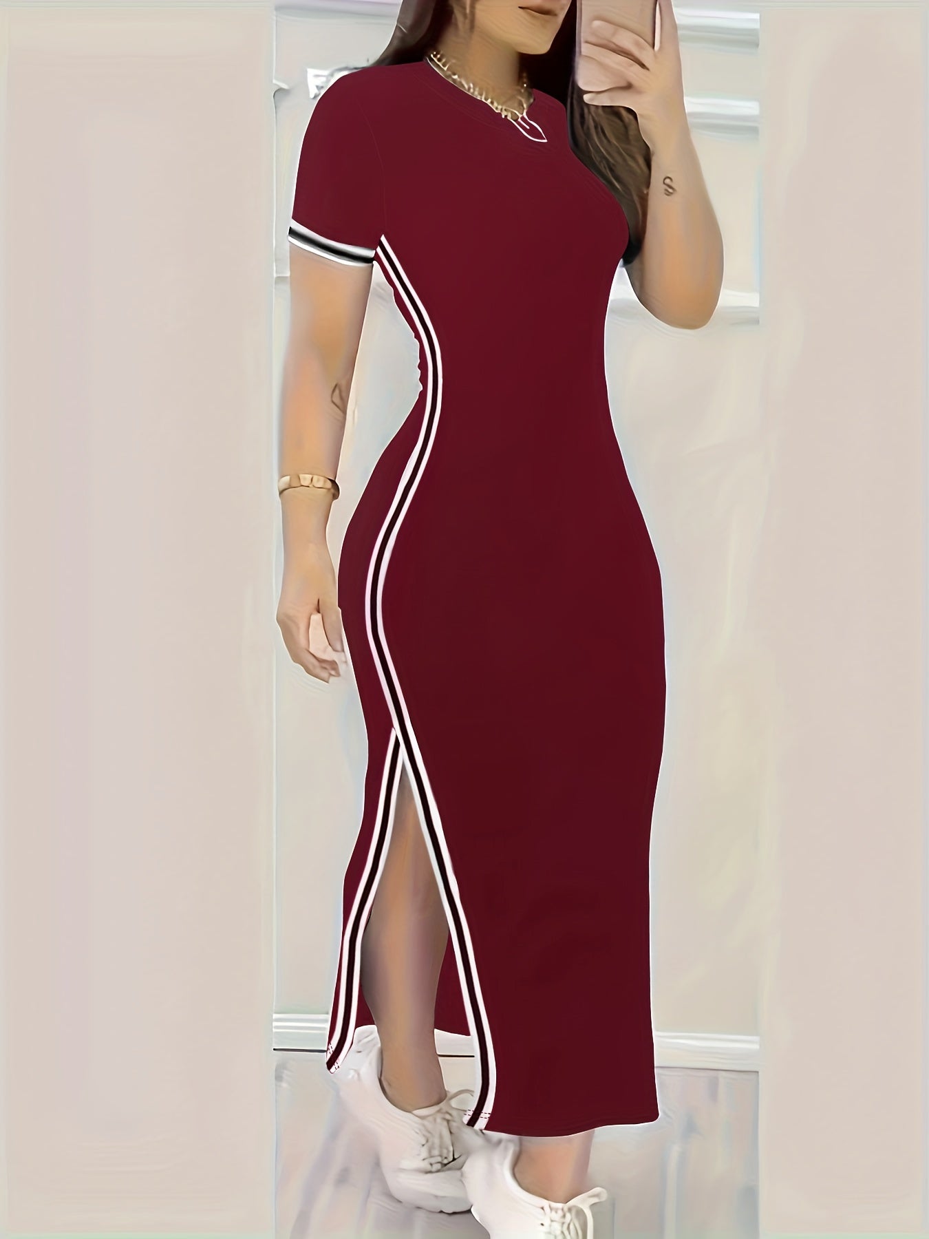 Contrast Trim Split Hem Bodycon Dress, Short Sleeve Crew Neck Casual Dress, Women's Clothing For Party Dressing