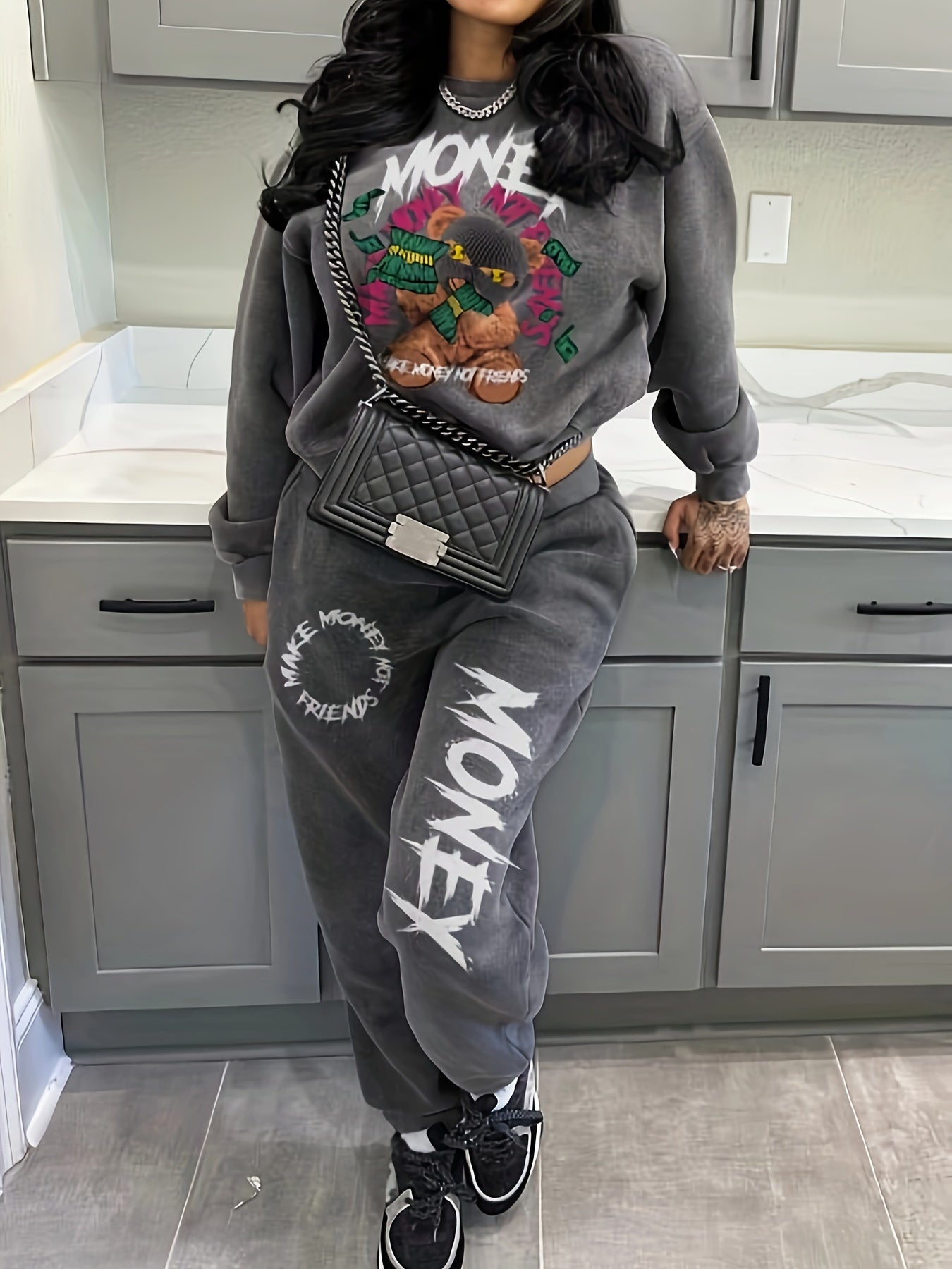 Women'S Casual Polyester Tracksuit, Crew Neck Knit Fabric Alphabet Pattern Loungewear, with Sweatshirt and Pants Set