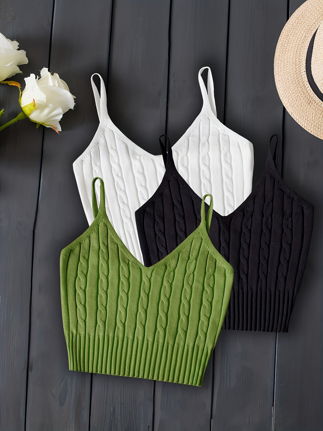 3-Pack Valentines Day Cable Knit Cami Tops - Soft V-Neck, Sleeveless Slim Crop, Adjustable Straps, Versatile Layering Essential - Womens Clothing, Celebrate Love in Style