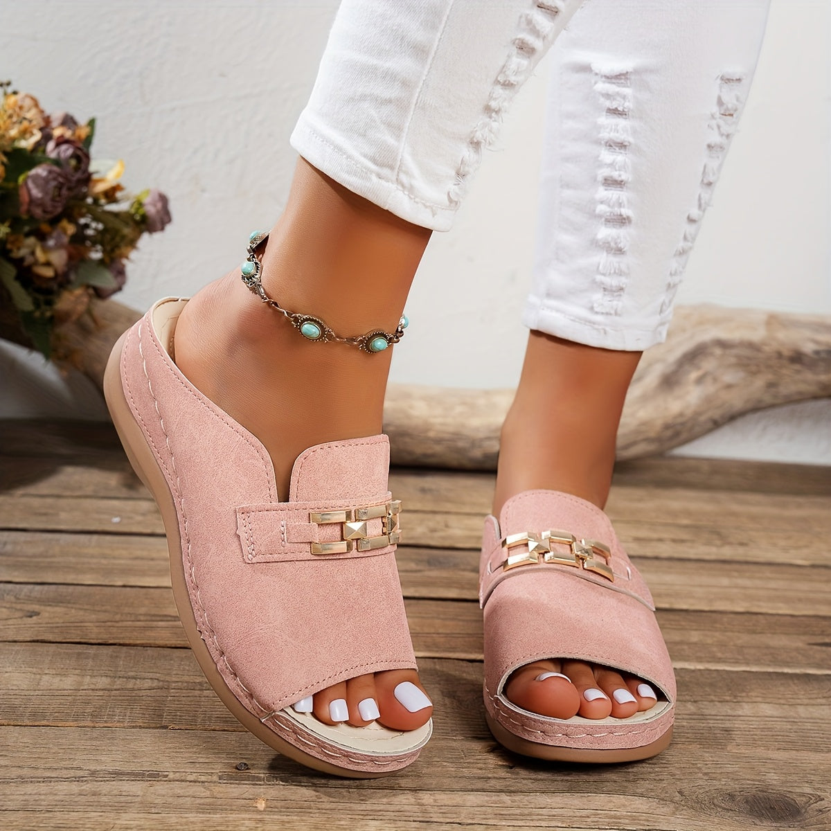 Women'S Chunky Sole Platform Sandals - White Slip-On with Golden Buckle, Flat Heel, Open Toe Design, PU Sole, Synthetic Insole & Upper, Casual Footwear|Chunky Sole Sandals|Durable Footwear