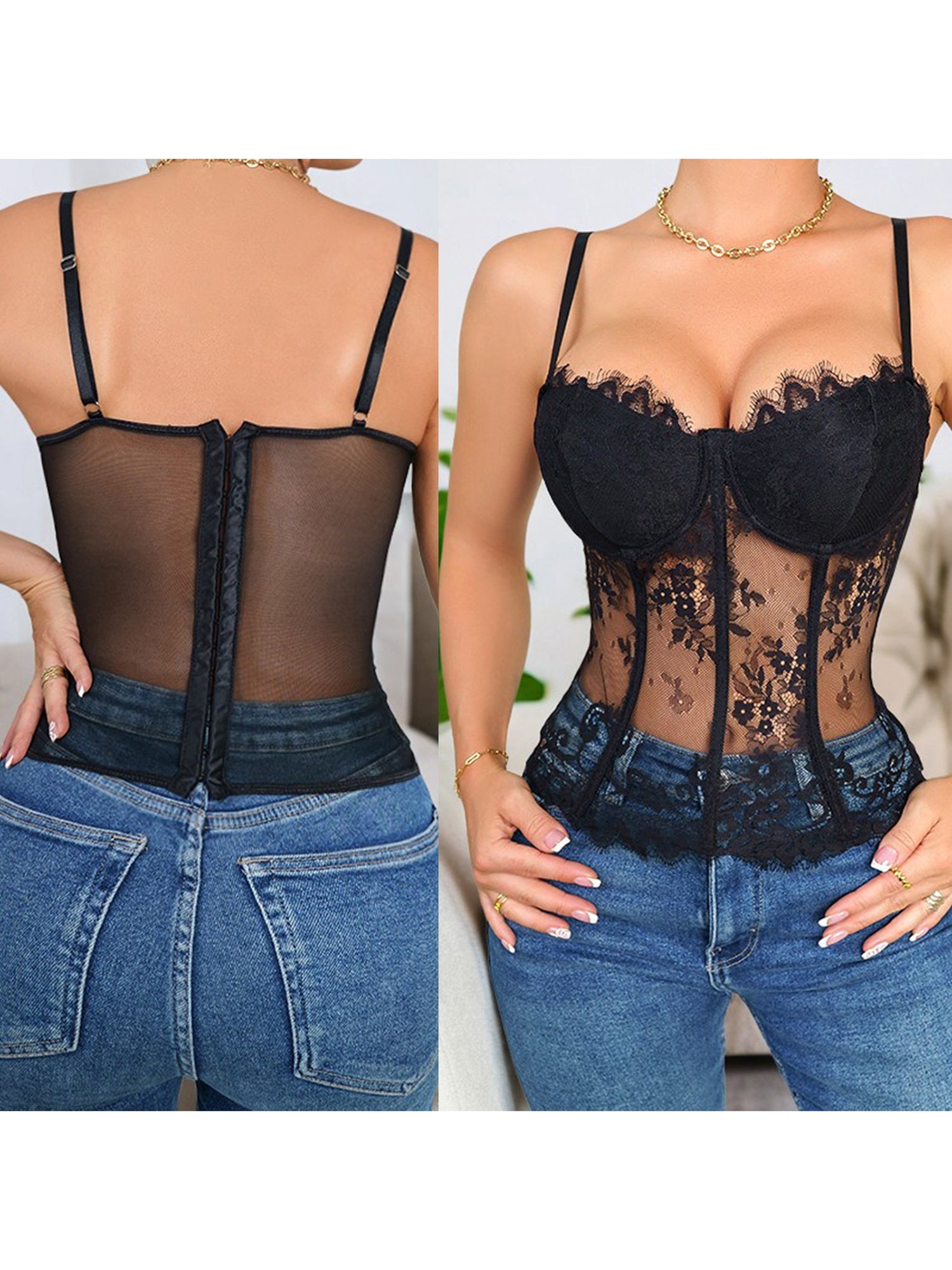 Women's Lace Corset Top | Sleeveless Spaghetti Strap Camisole Bustier | Semi-Transparent Black Polyester Mesh with Floral Lace Detailing | Sheer Design for Versatile Styling | Elegant and Comfortable Fit, Casual Wear Corset |