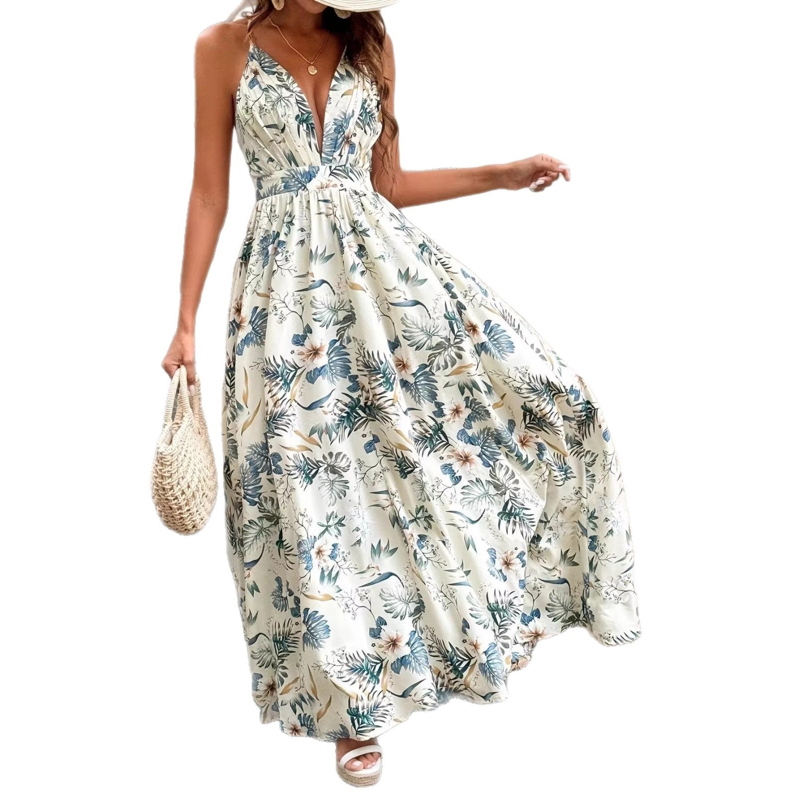Womens Sleeveless Deep V-Neck Cross-Tie Dress