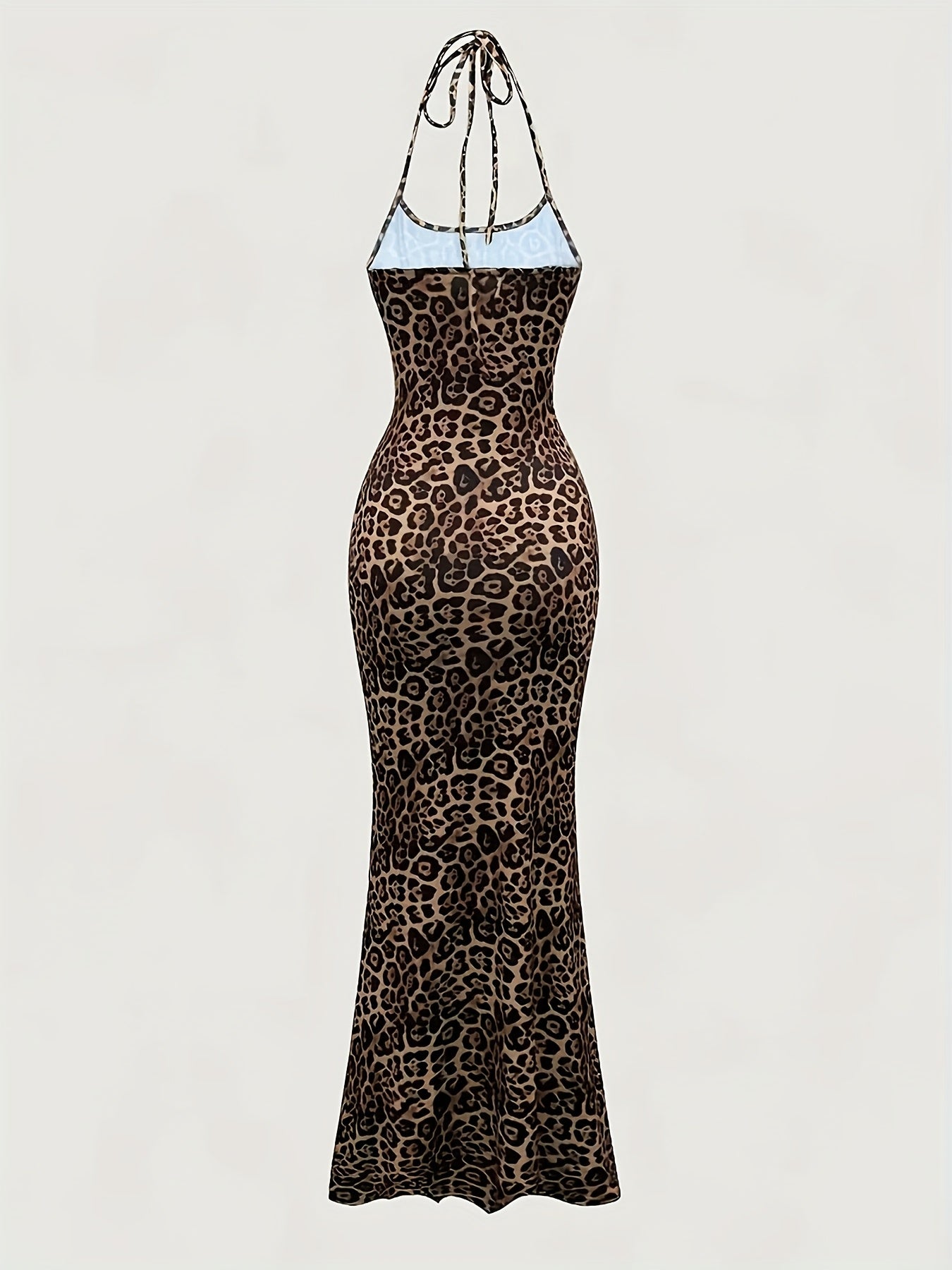 2pcs Women’s Elegant Halter Neck Backless Knit Dresses, Long Mermaid Tail, Stretchy Polyester & Elastane Blend, Solid Black and Leopard Print, Machine Washable, All-Season Bodycon Design, Versatile Fashion | Backless Gown |