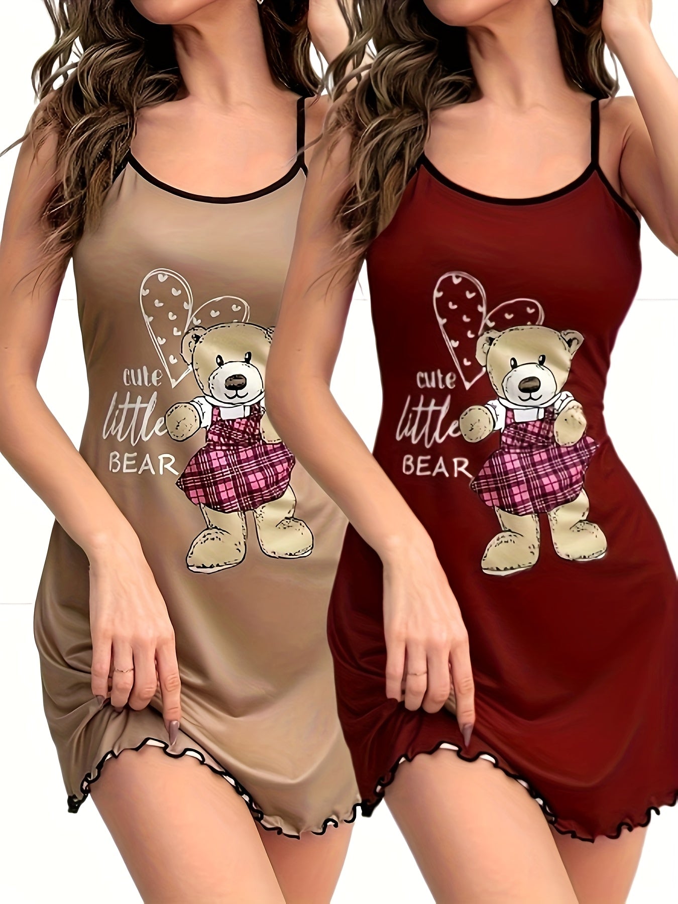 Two Pieces of Bear Print Pajamas, a Round-Neck Ruffled Edge Backless Camisole Dress, Women'S Sleepwear.