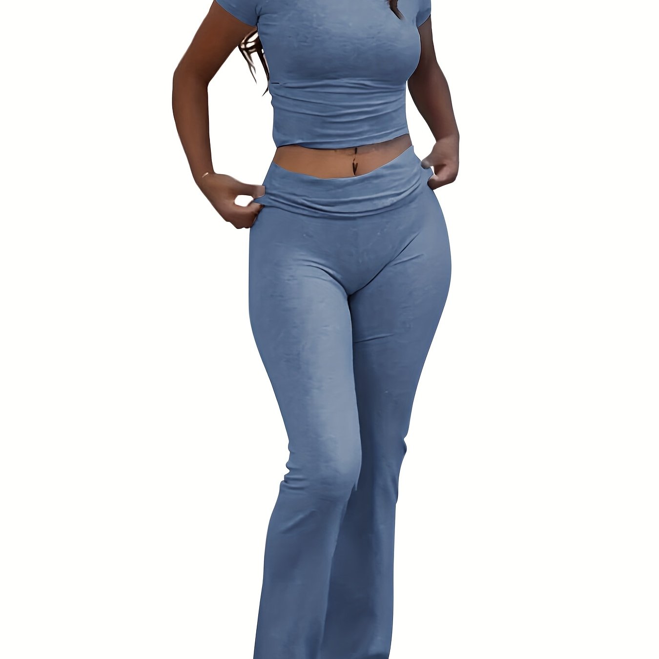 Women's Casual Slim Fit Two-Piece Pants Set – Short Sleeve Crew Neck T-Shirt & High Stretch Flared Leg Sport Pants Outfit