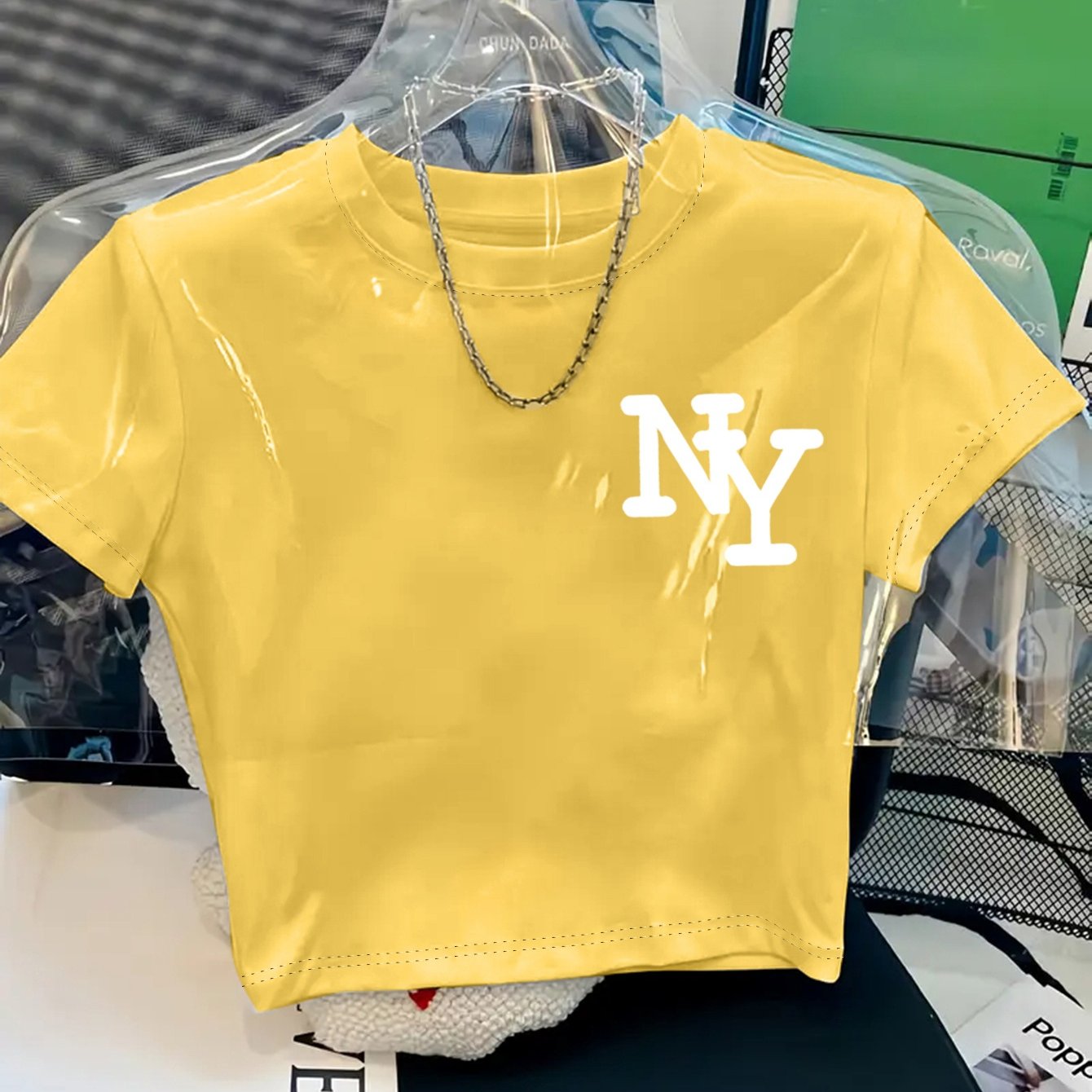 Women's Y2K Style NY Monogram Graphic T-Shirt - Soft Stretchy Polyester Blend, Oversized Cropped Fit, Machine Washable Spring/Summer Casual Top
