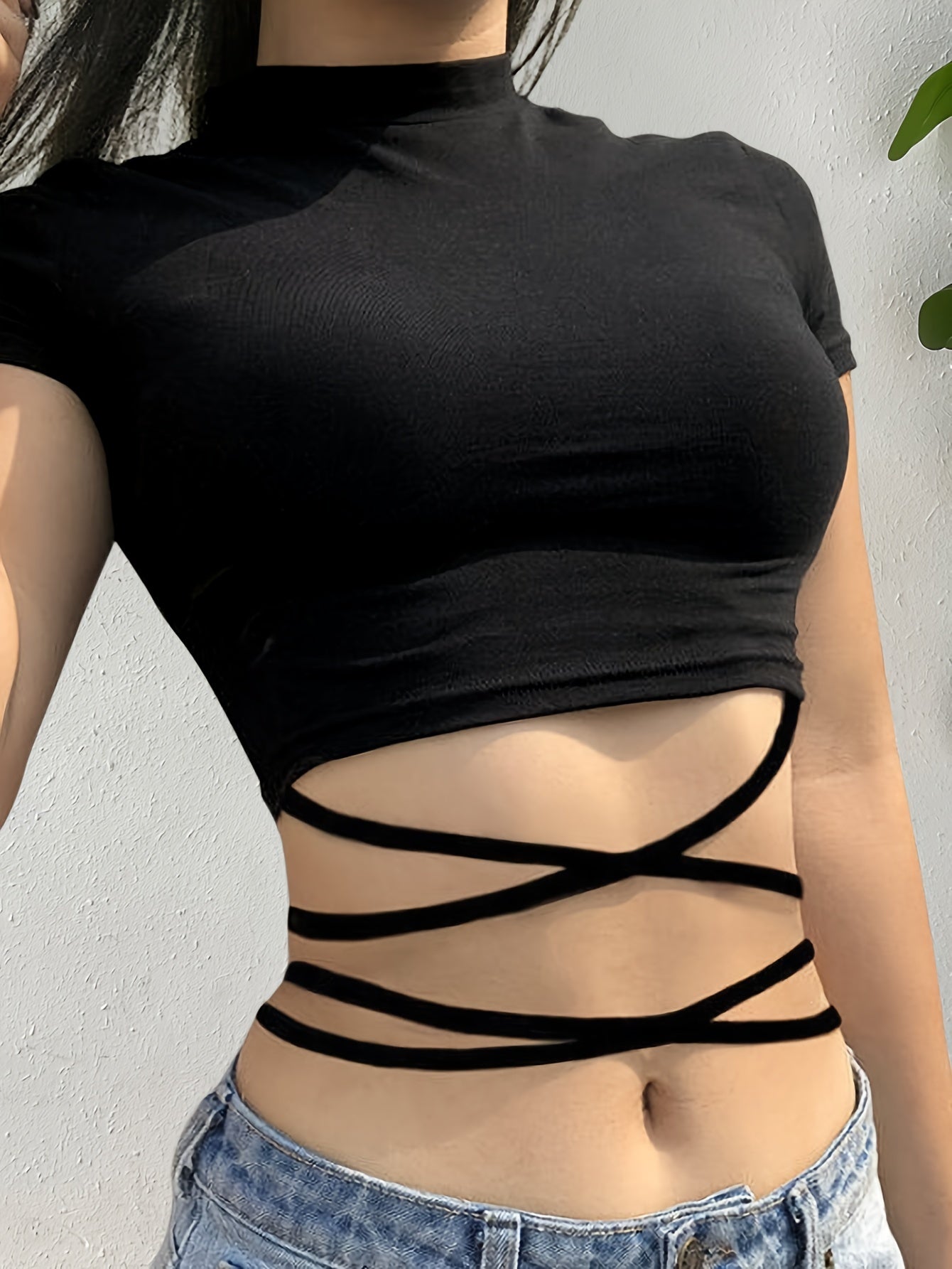 Solid Tie Crisscross Crop T-shirt, Y2K Short Sleeve Mock Neck Slim Top, Women's Clothing