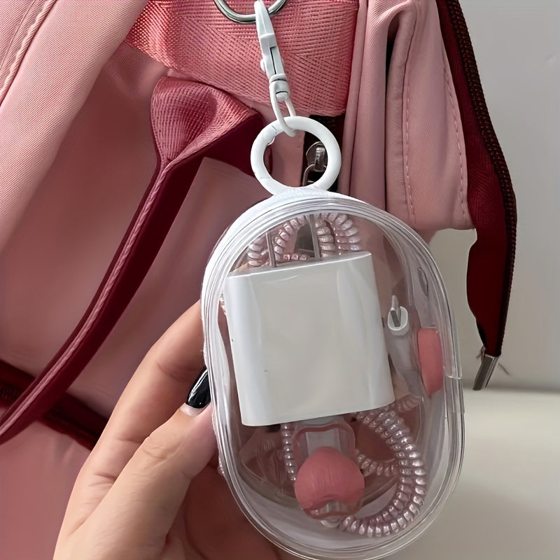 One Portable PVC Cable Storage Box, Casual Style Transparent Charger Storage Box for Headphones and Data Cables, Portable Cable Organizer with Keychain for Chargers, Can also be used to store headphones, cables, jewelry, etc.