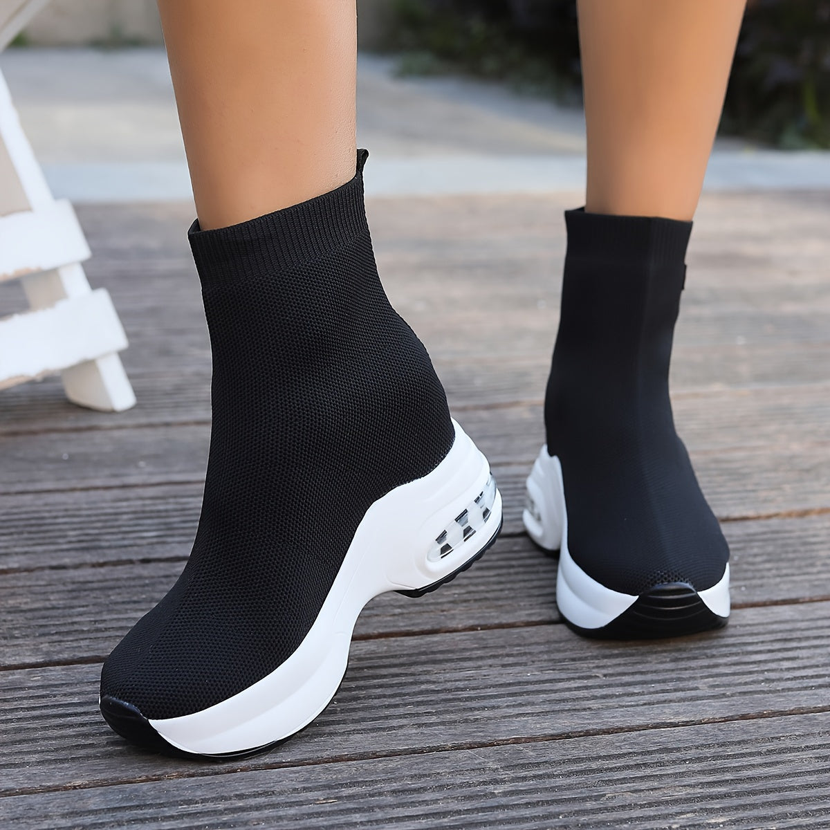Women's Fashionable Slip-On Sneakers with Invisible Height Boost - Breathable Knit, Comfortable Mid-Heel Platform Shoes for Casual Wear