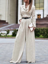 Elegant Two-Piece Long Sleeve Suit - Beige Polyester, Double-Breasted Blazer with Wide Lapels & High-Waisted Flared Pants, Stylish Accessory Bag, Perfect for Fall/Winter, Stylish Workwear | Elegant Two-Tone Suit | Polyester F