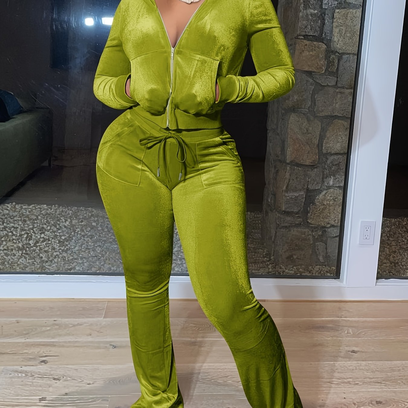 European And American Women's Fashion Casual Solid Color Velvet Hooded Two-piece Set