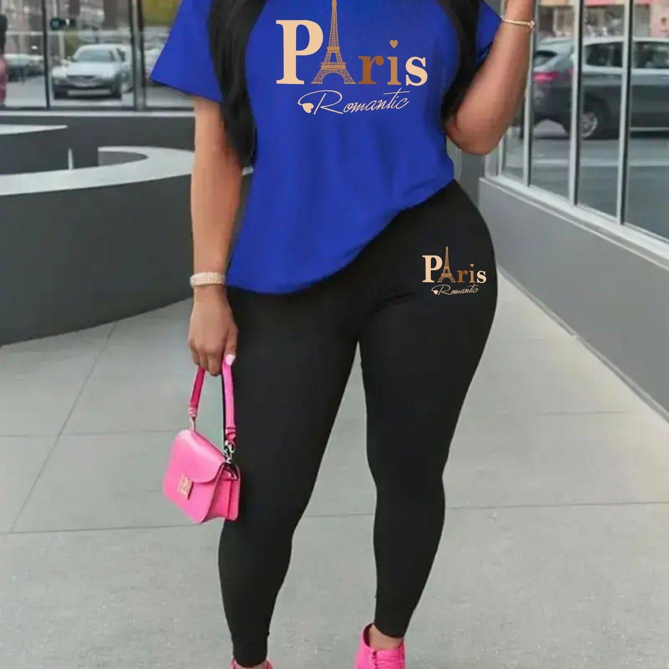 Eiffel Tower Paris-Inspired Women's Casual Outfit - Comfy Short Sleeve Tee & Stylish Pants Set, Machine Washable